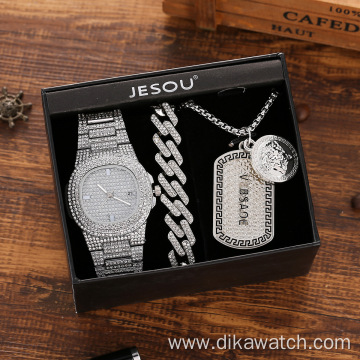 Stylish Men's Fashion Jewelry Watch Set 3 PCS Quartz Watches with Rhinestone Bracelet Necklace Punk Silver Wristwatch Set + Box